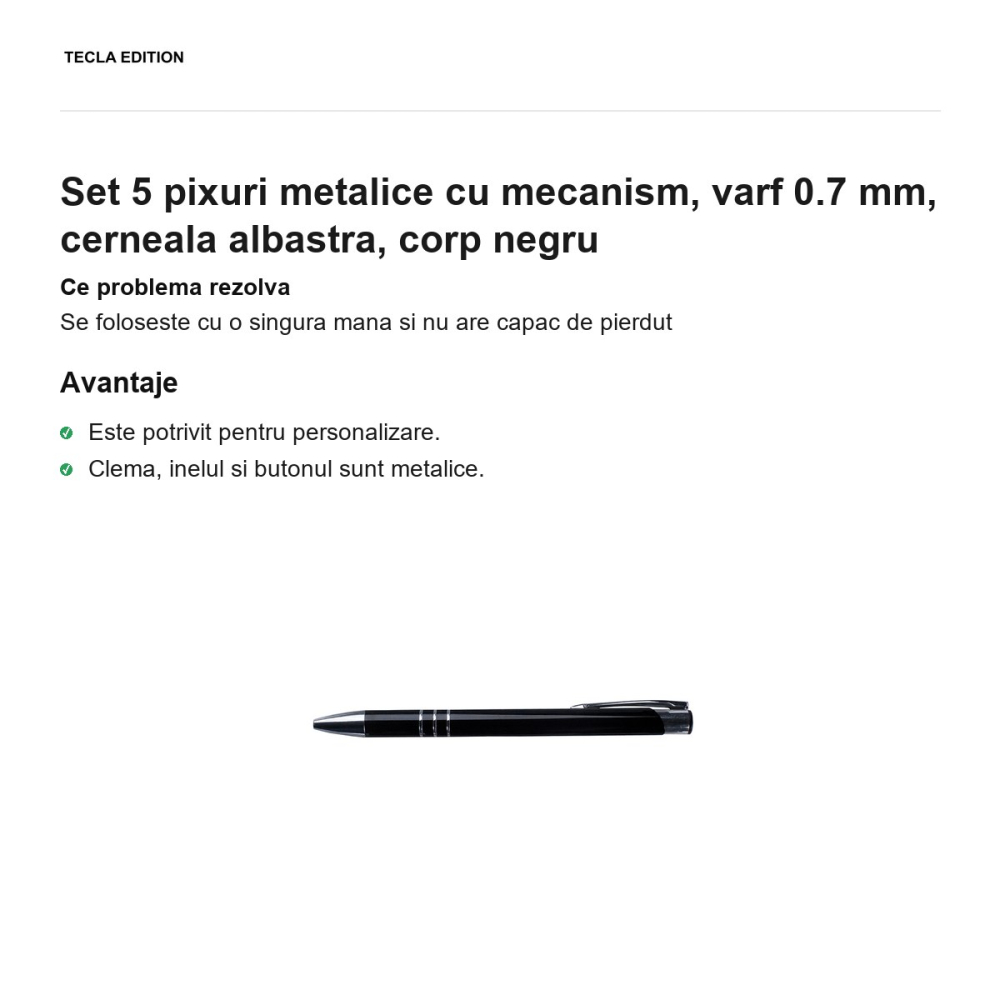 Set 5 pixuri metalice cu mecanism, varf 0.7 mm, cerneala albastra, corp negru [2]