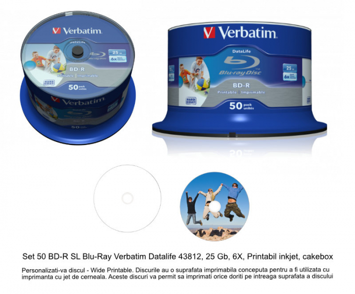 Set 50 BD-R SL Blu-Ray Verbatim Datalife 43812, 25 Gb, 6X, Printabil inkjet, cakebox [5]