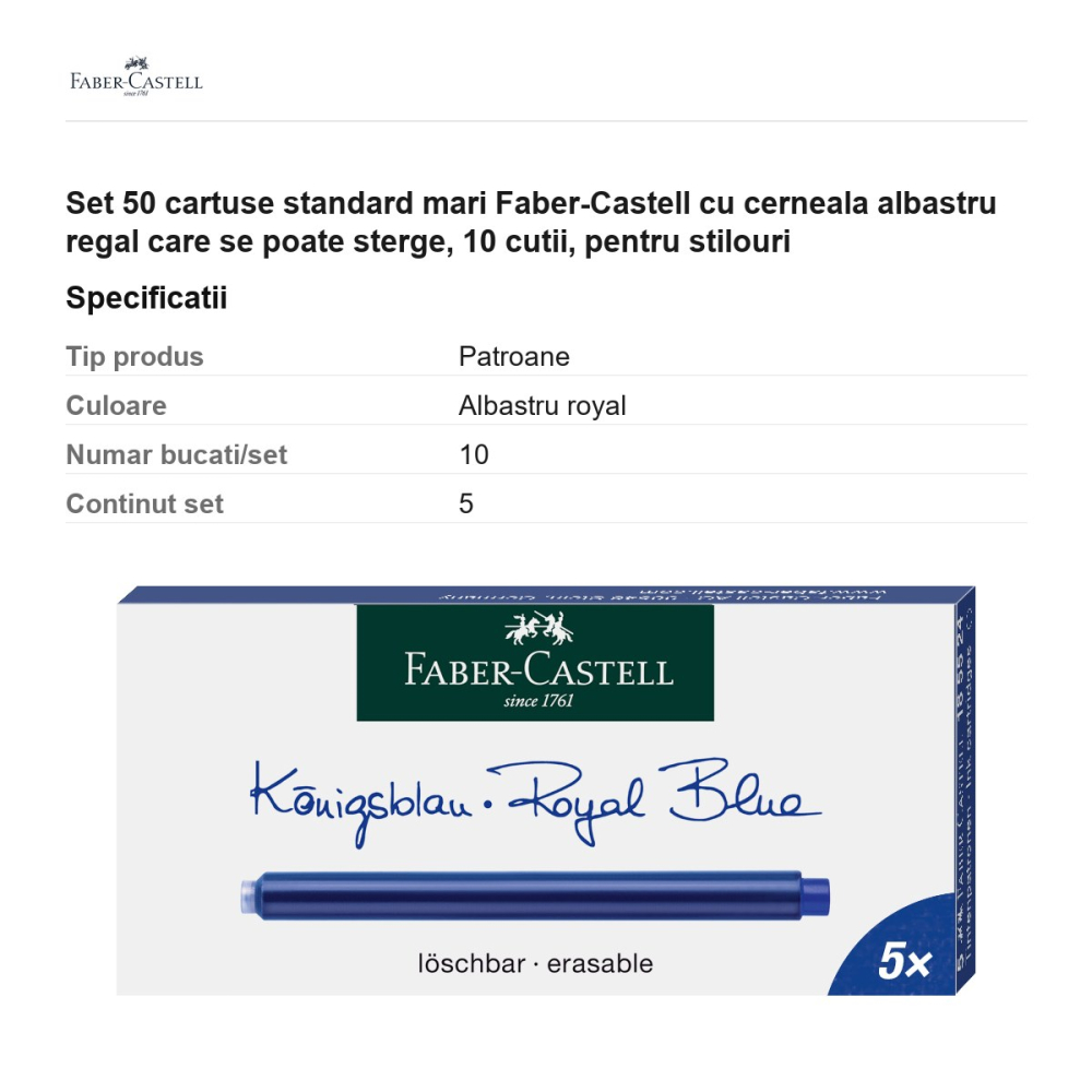 Set 50 cartuse standard mari Faber-Castell cu cerneala albastru regal care se poate sterge, 10 cutii, pentru stilouri [3]