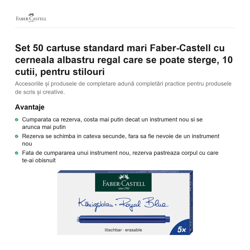 Set 50 cartuse standard mari Faber-Castell cu cerneala albastru regal care se poate sterge, 10 cutii, pentru stilouri [2]