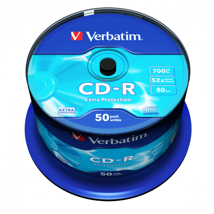 Set 50 CD-R 52X 700 Mb , Verbatim Extra Protection 43351 , inscriptibil , cu logo , ambalare cake box [1]