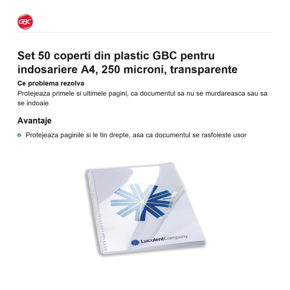 Set 50 coperti din plastic GBC pentru indosariere A4, 250 microni, transparente [2]