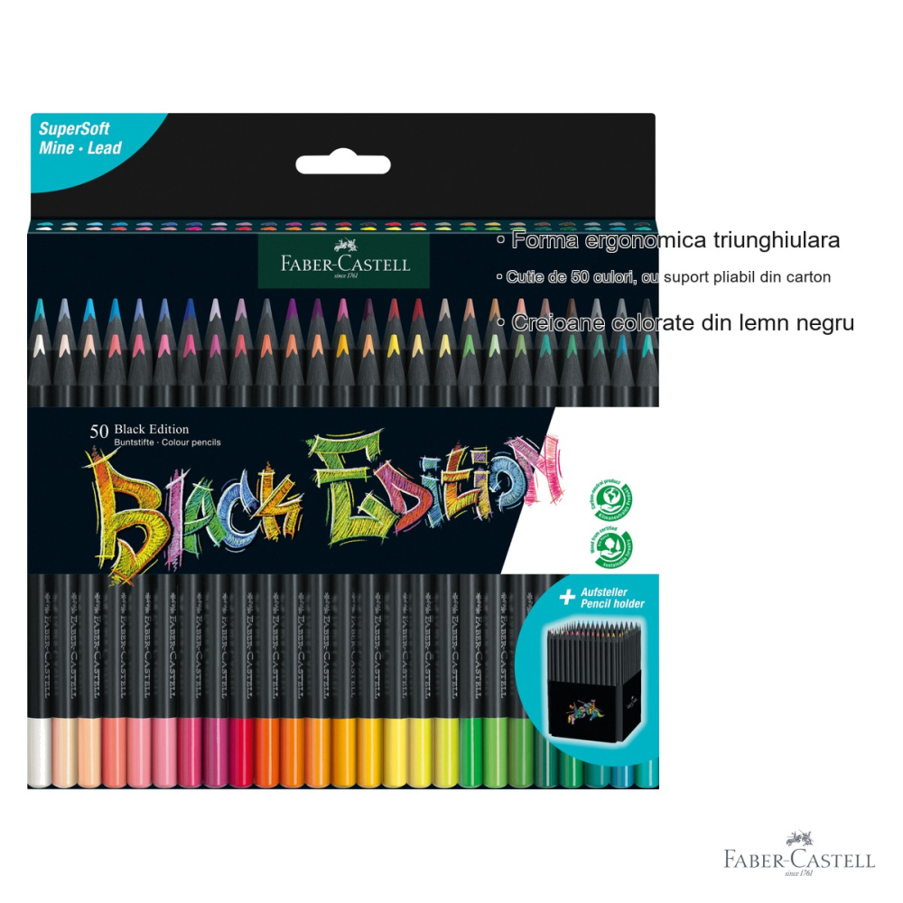 Set 50 creioane colorate Faber-Castell Black Edition, mina moale, forma triunghiulara ergonomica, pentru desen artistic [3]
