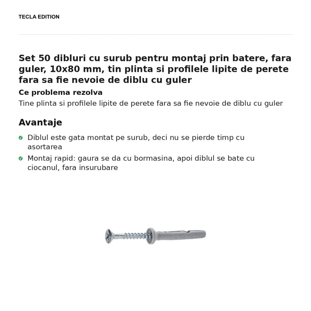 Set 50 dibluri cu surub pentru montaj prin batere, fara guler, 10x80 mm, tin plinta si profilele lipite de perete fara sa fie nevoie de diblu cu guler [2]