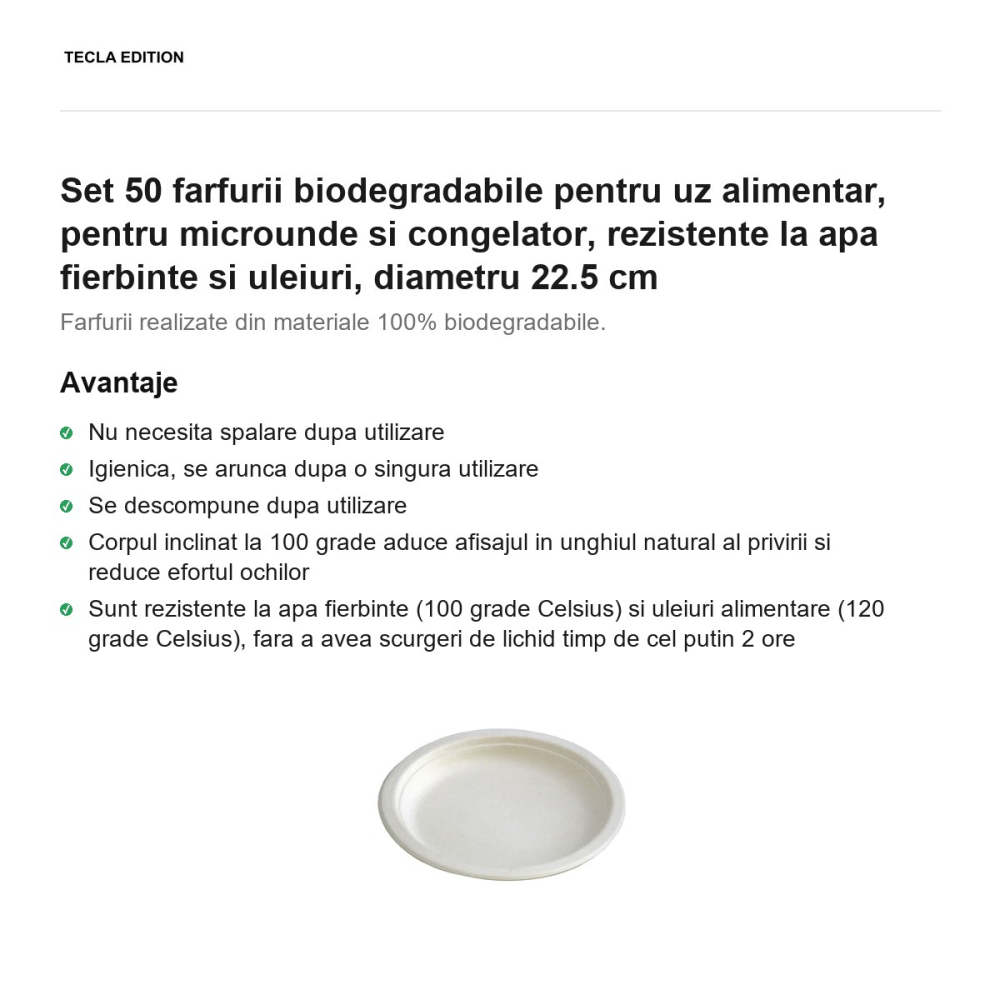 Set 50 farfurii biodegradabile pentru uz alimentar, pentru microunde si congelator, rezistente la apa fierbinte si uleiuri, diametru 22.5 cm [2]