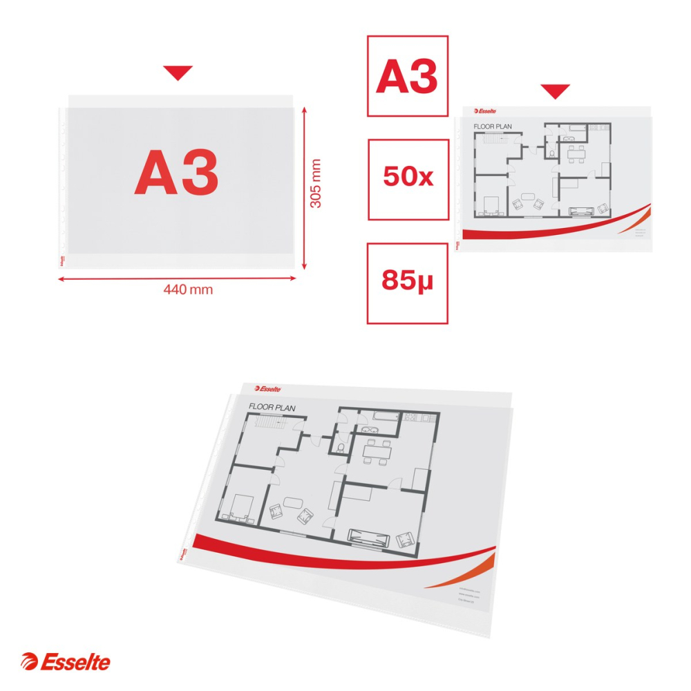 Set 50 folii de protectie Esselte, PP, A3, 85 microni, standard, pentru arhivare, incolor [4]