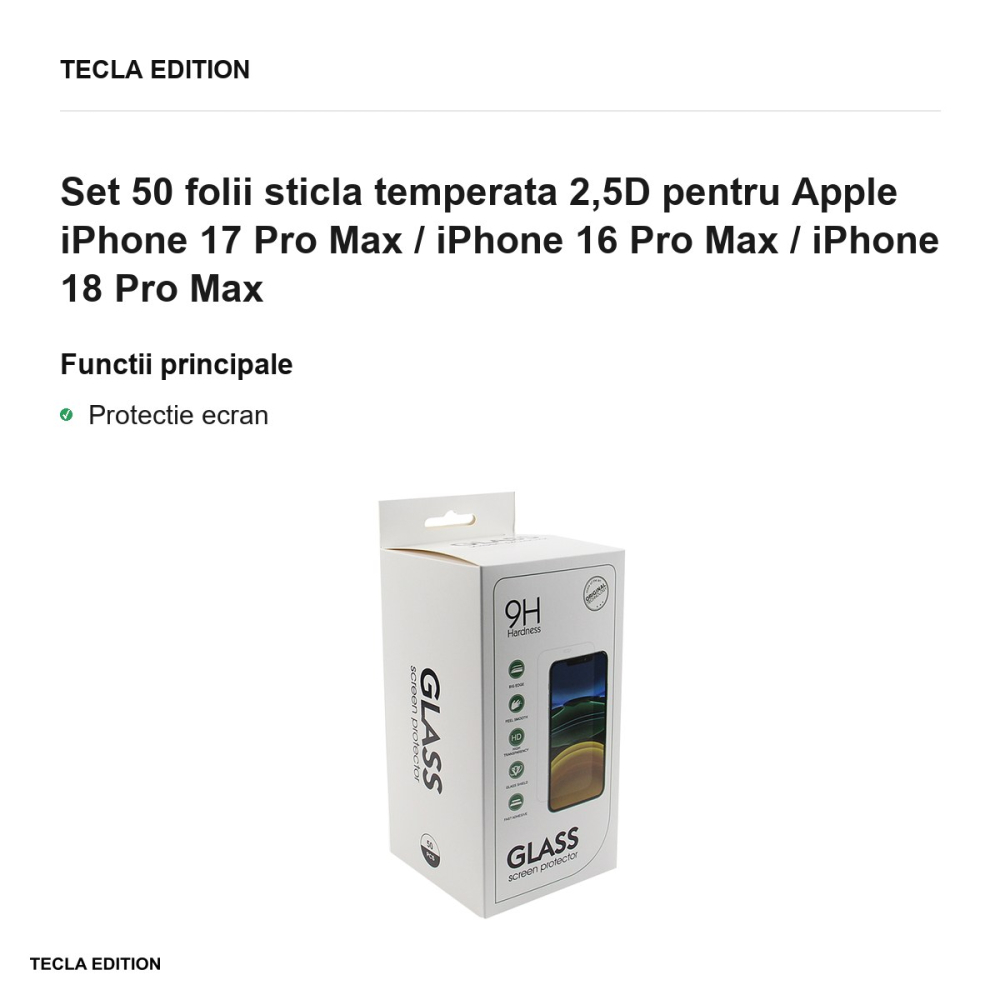 Set 50 folii sticla temperata 2,5D pentru Apple iPhone 17 Pro Max / iPhone 16 Pro Max / iPhone 18 Pro Max [2]