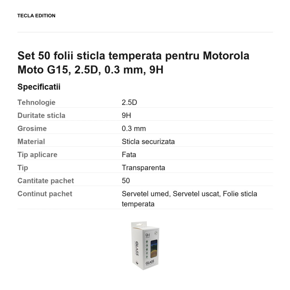 Set 50 folii sticla temperata pentru Motorola Moto G15, 2.5D, 0.3 mm, 9H [3]