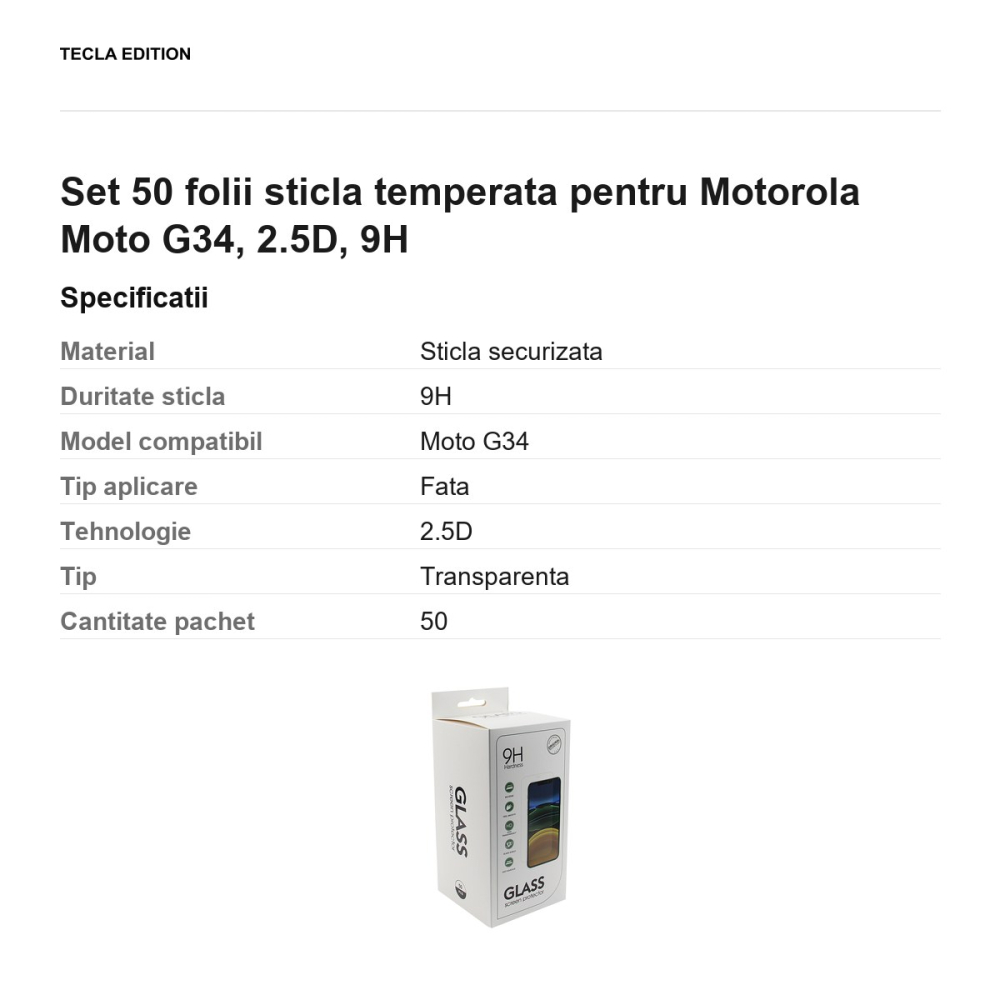 Set 50 folii sticla temperata pentru Motorola Moto G34, 2.5D, 9H [3]