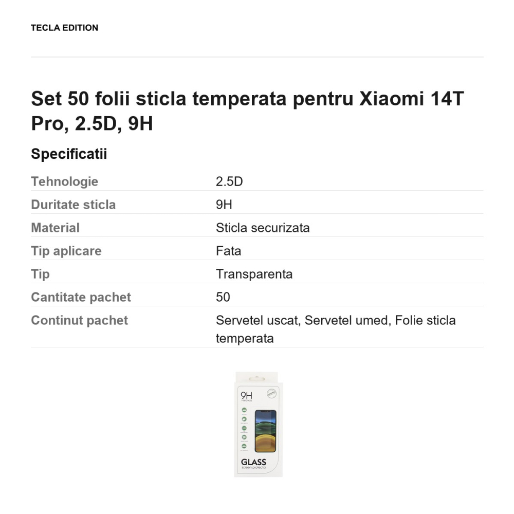 Set 50 folii sticla temperata pentru Xiaomi 14T Pro, 2.5D, 9H [3]