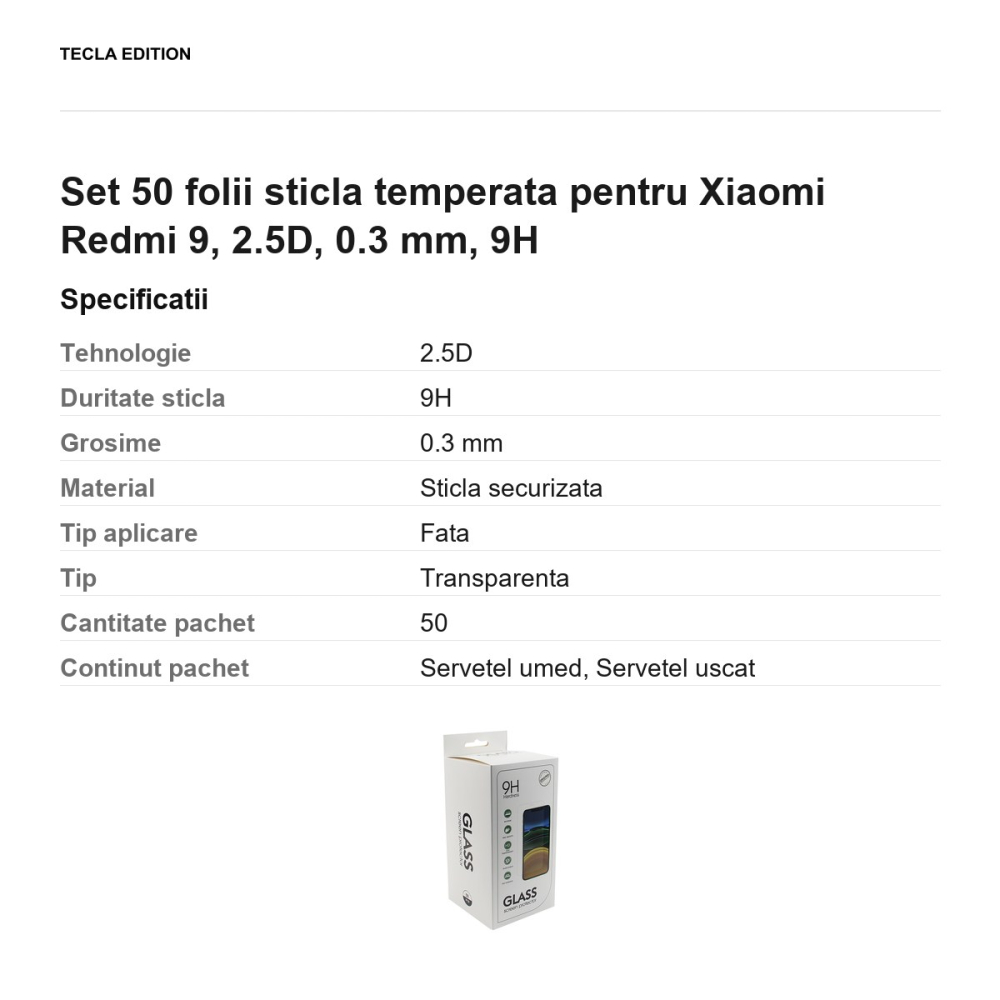 Set 50 folii sticla temperata pentru Xiaomi Redmi 9, 2.5D, 0.3 mm, 9H [3]