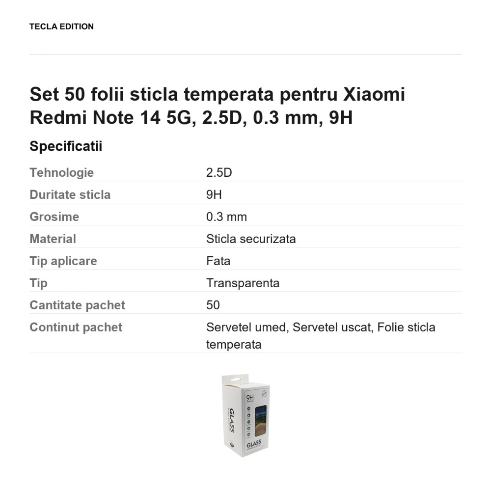 Set 50 folii sticla temperata pentru Xiaomi Redmi Note 14 5G, 2.5D, 0.3 mm, 9H [3]