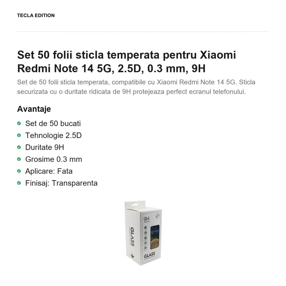 Set 50 folii sticla temperata pentru Xiaomi Redmi Note 14 5G, 2.5D, 0.3 mm, 9H [2]