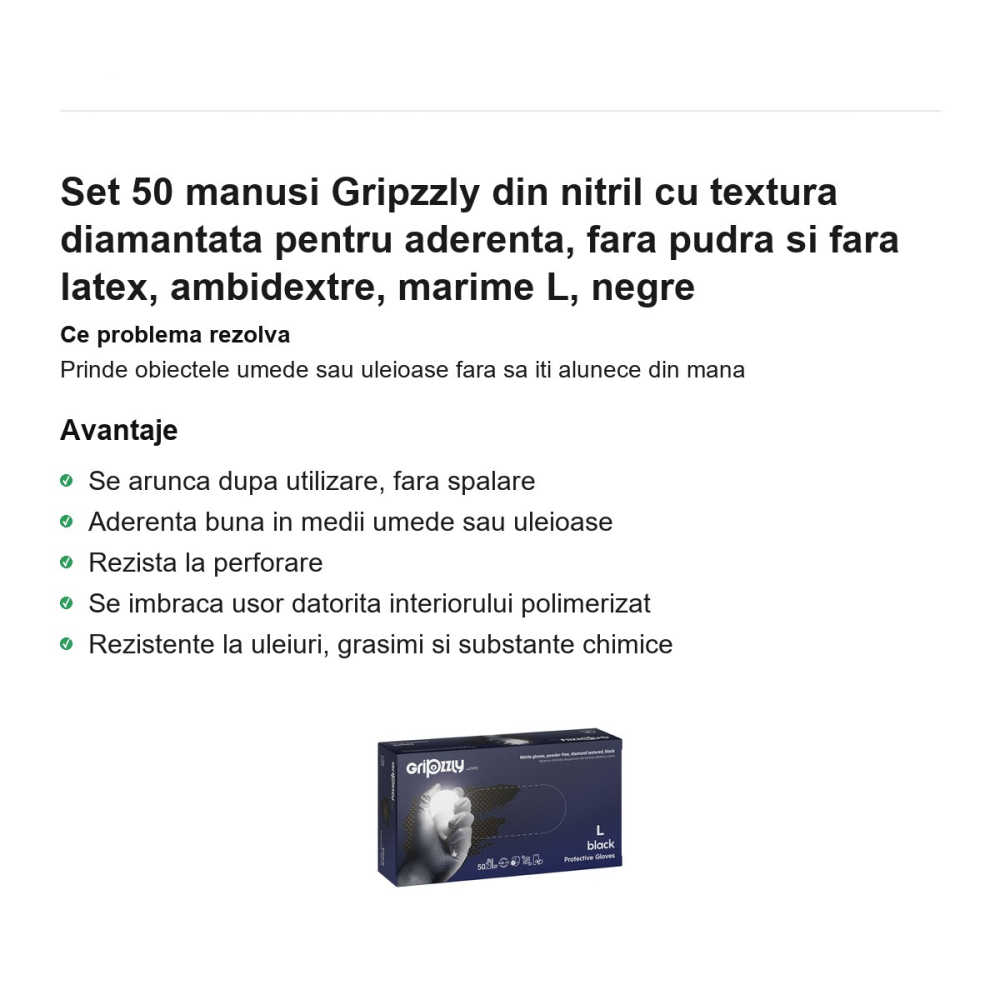 Set 50 manusi Gripzzly din nitril cu textura diamantata pentru aderenta, fara pudra si fara latex, ambidextre, marime L, negre [2]