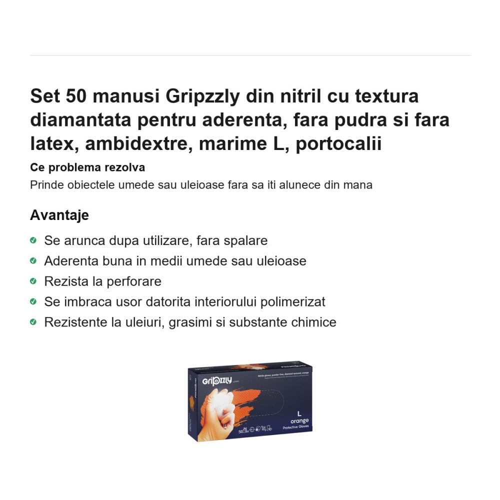 Set 50 manusi Gripzzly din nitril cu textura diamantata pentru aderenta, fara pudra si fara latex, ambidextre, marime L, portocalii [2]