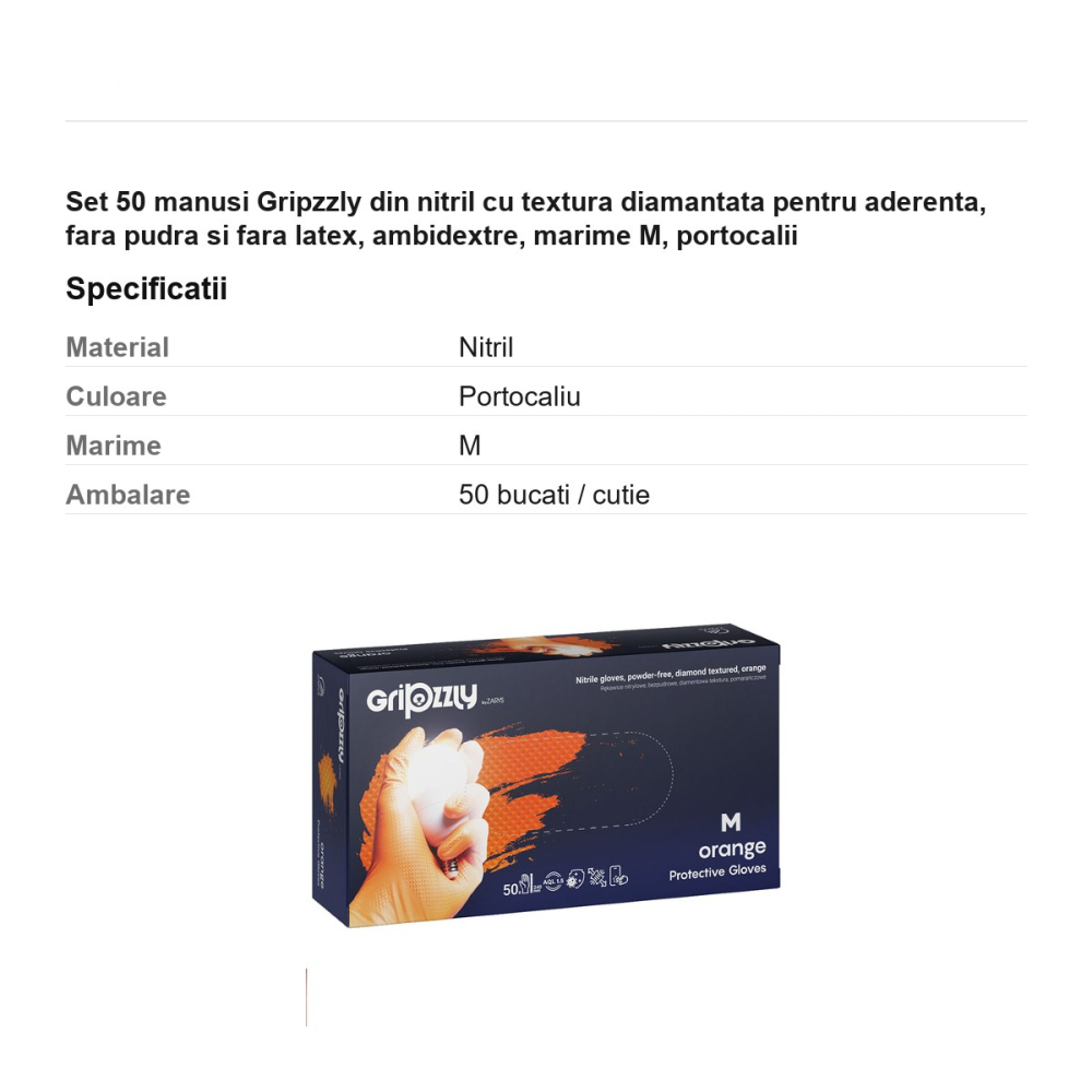 Set 50 manusi Gripzzly din nitril cu textura diamantata pentru aderenta, fara pudra si fara latex, ambidextre, marime M, portocalii [3]