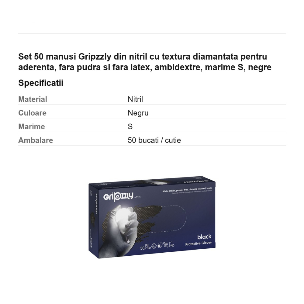 Set 50 manusi Gripzzly din nitril cu textura diamantata pentru aderenta, fara pudra si fara latex, ambidextre, marime S, negre [3]