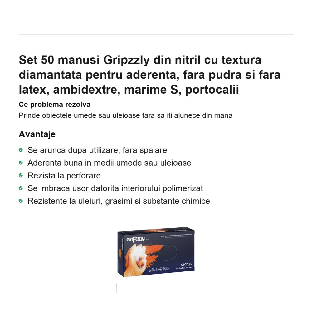 Set 50 manusi Gripzzly din nitril cu textura diamantata pentru aderenta, fara pudra si fara latex, ambidextre, marime S, portocalii [2]