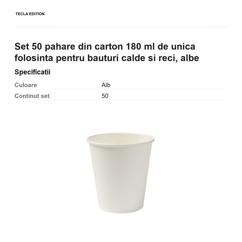 Set 50 pahare din carton 180 ml de unica folosinta pentru bauturi calde si reci, albe [3]