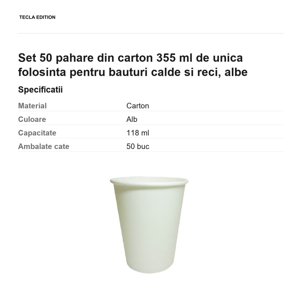Set 50 pahare din carton 355 ml de unica folosinta pentru bauturi calde si reci, albe [3]
