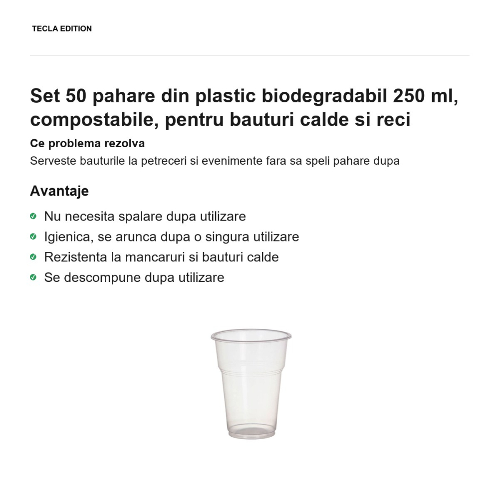 Set 50 pahare din plastic biodegradabil 250 ml, compostabile, pentru bauturi calde si reci [2]