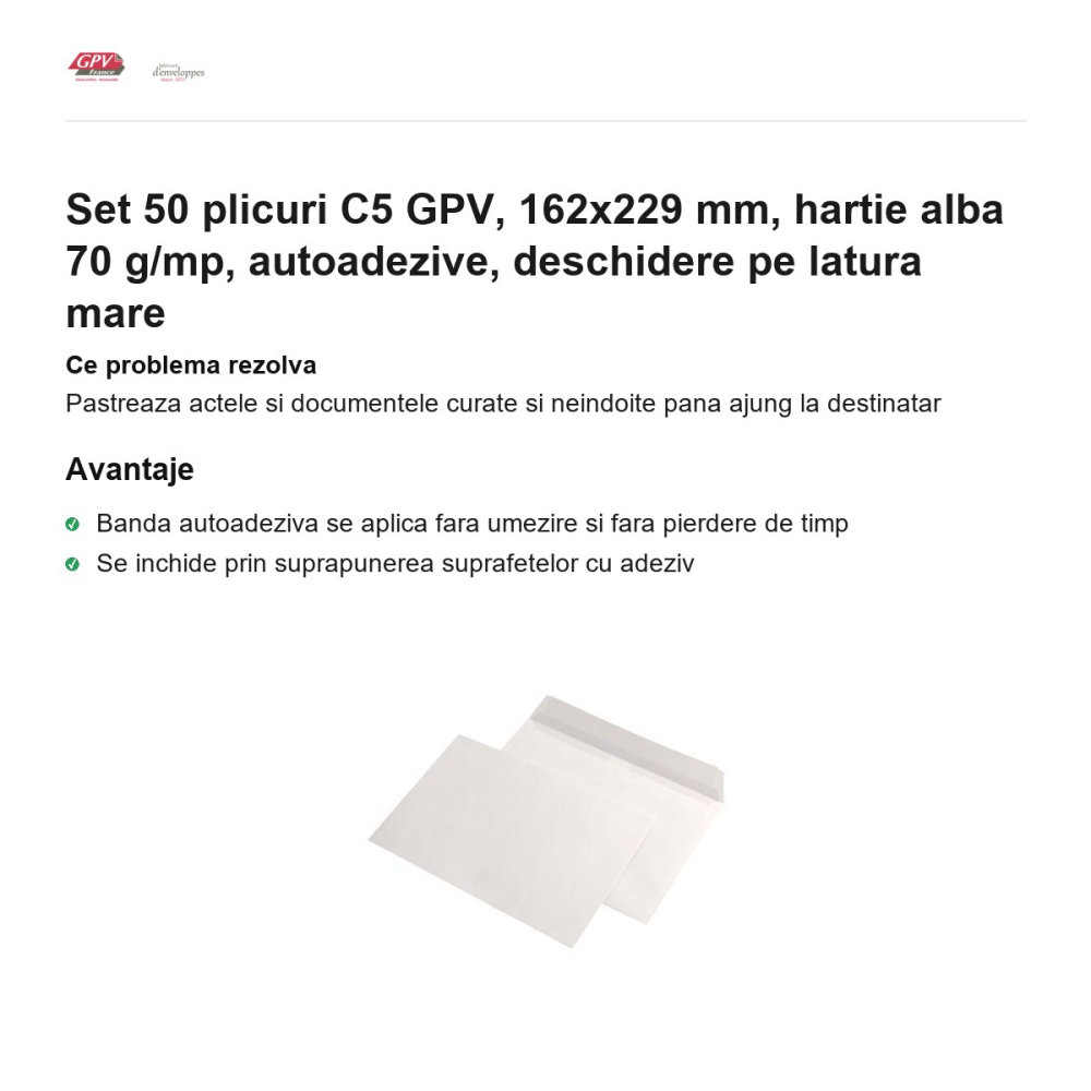 Set 50 plicuri C5 GPV, 162x229 mm, hartie alba 70 g/mp, autoadezive, deschidere pe latura mare [2]