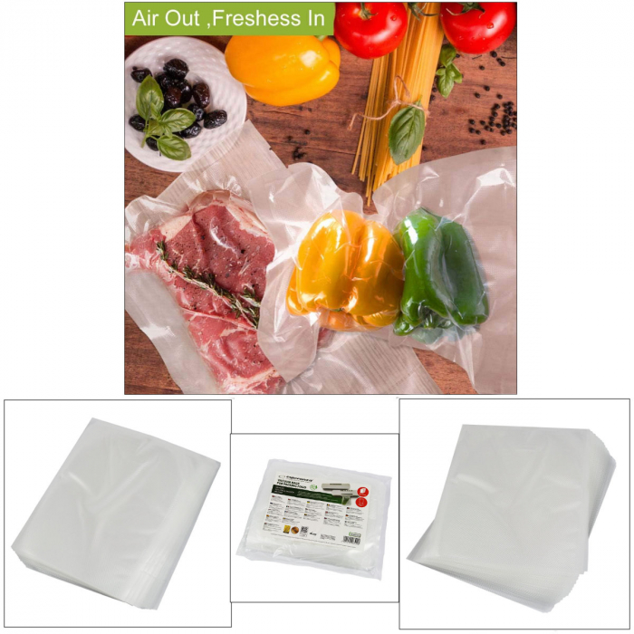 Set 50 pungi de vidat gofrate, 20 x 25 cm, fara BPA, rezistente, grosime 100 μm / 330 μm, pentru orice aparat de vidat alimente, ES-96529, transparente [4]