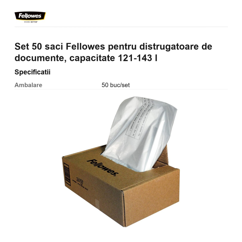 Set 50 saci Fellowes pentru distrugatoare de documente, capacitate 121-143 l [3]