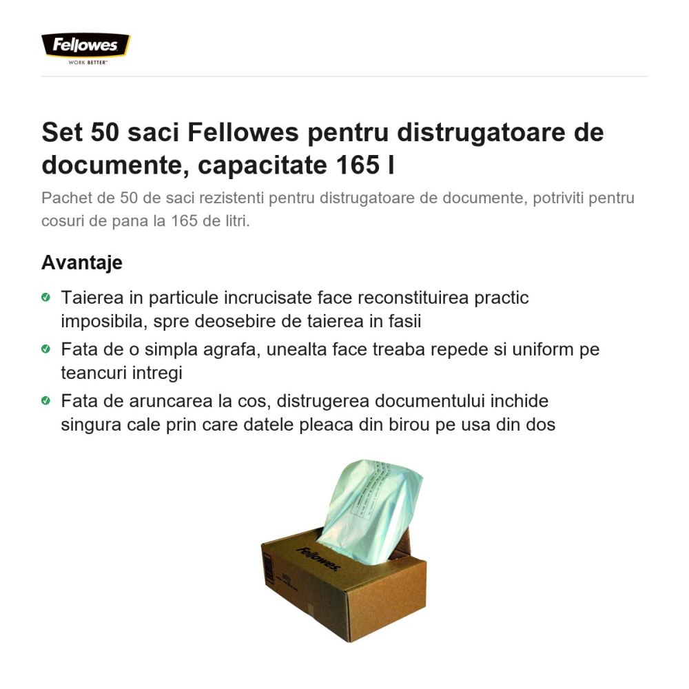 Set 50 saci Fellowes pentru distrugatoare de documente, capacitate 165 l [2]