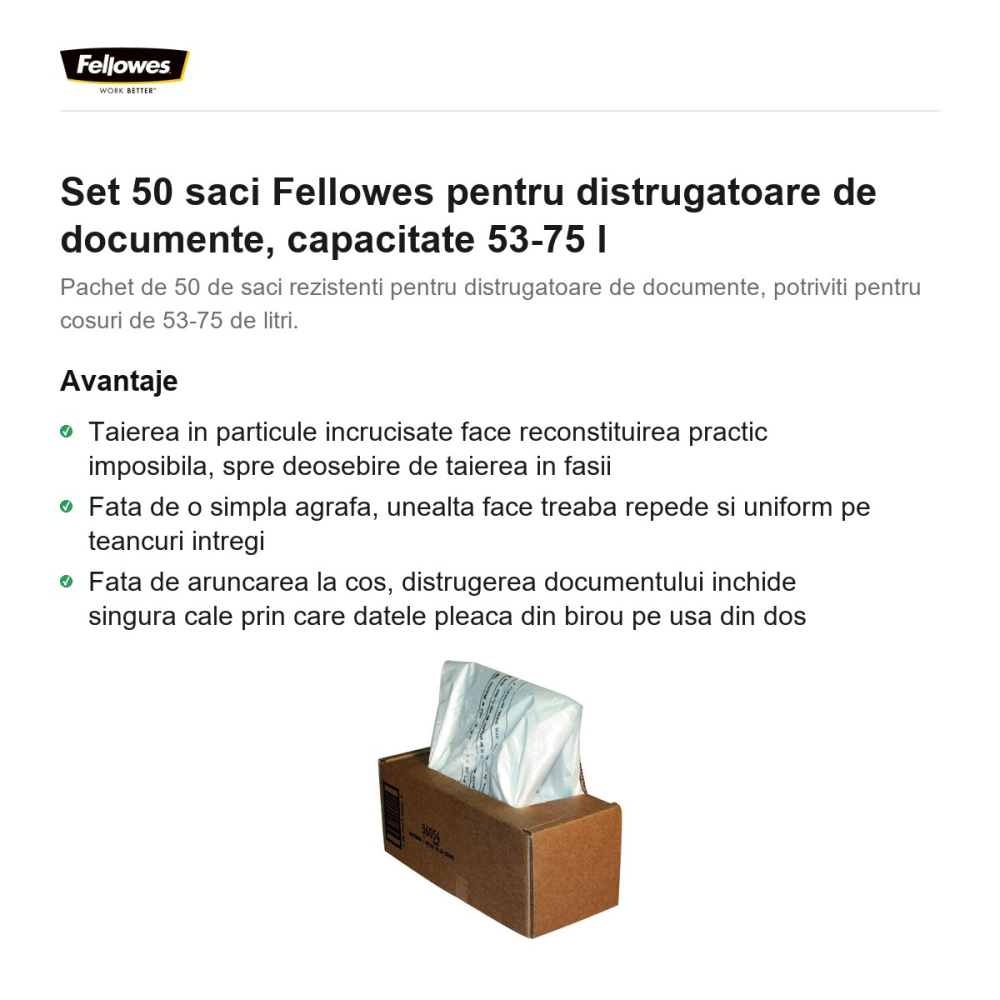 Set 50 saci Fellowes pentru distrugatoare de documente, capacitate 53-75 l [2]