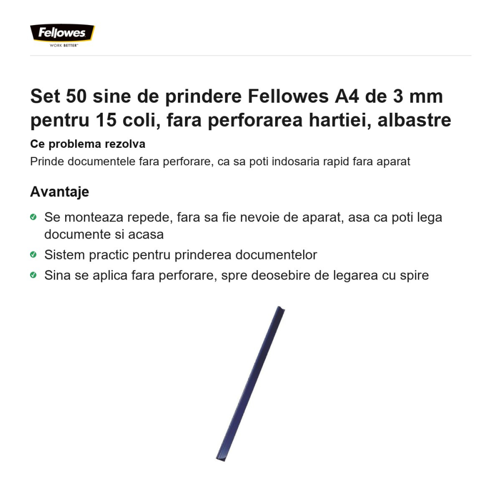 Set 50 sine de prindere Fellowes A4 de 3 mm pentru 15 coli, fara perforarea hartiei, albastre [2]