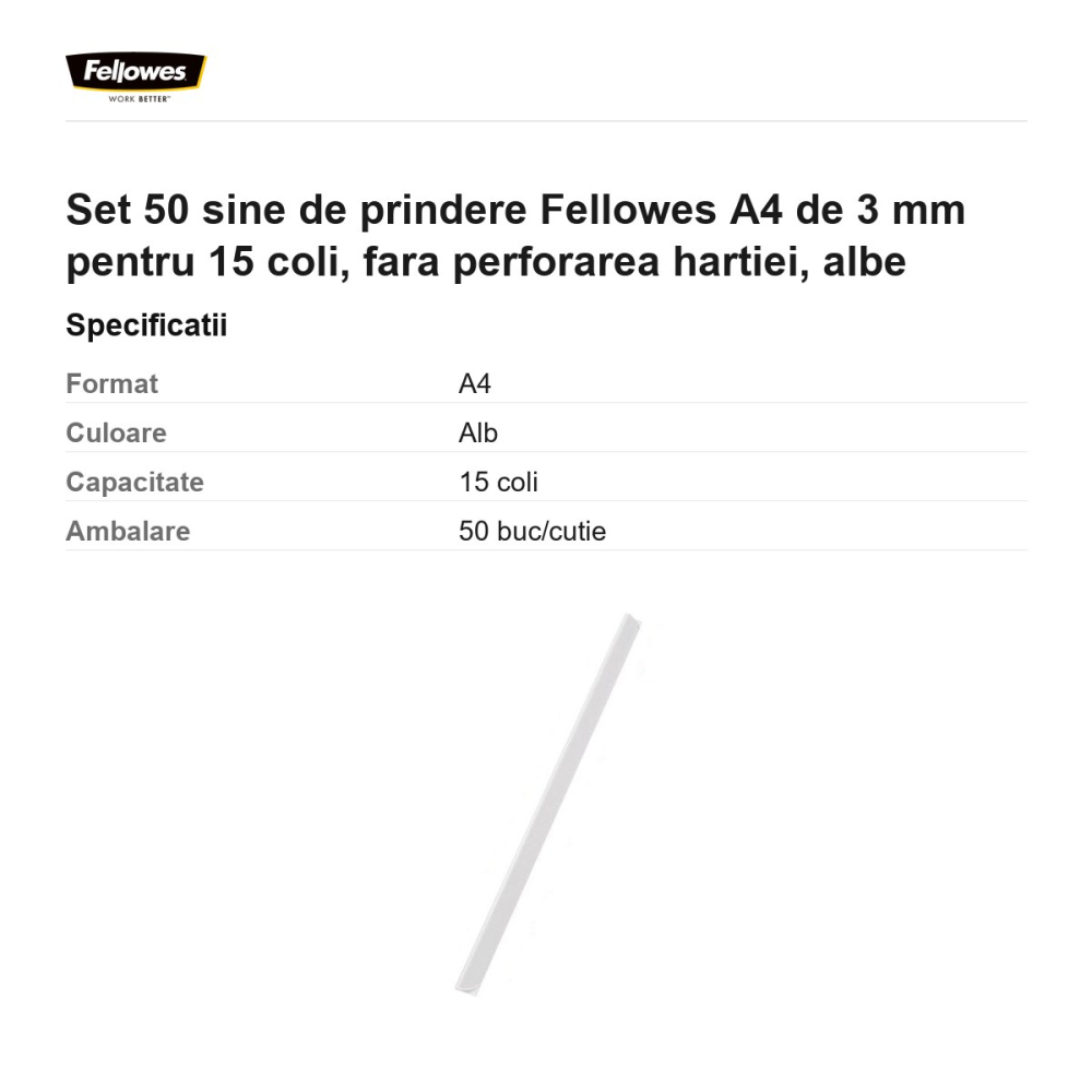Set 50 sine de prindere Fellowes A4 de 3 mm pentru 15 coli, fara perforarea hartiei, albe [3]