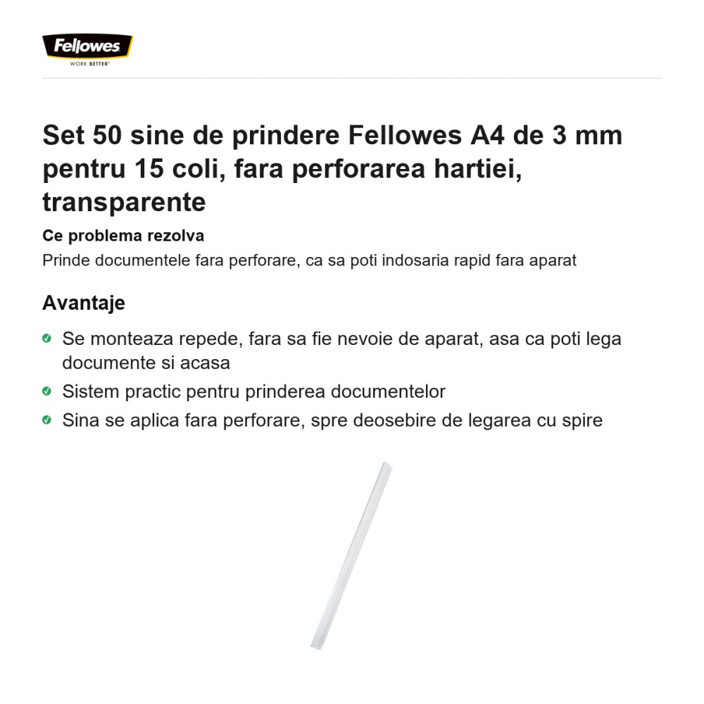 Set 50 sine de prindere Fellowes A4 de 3 mm pentru 15 coli, fara perforarea hartiei, transparente [2]