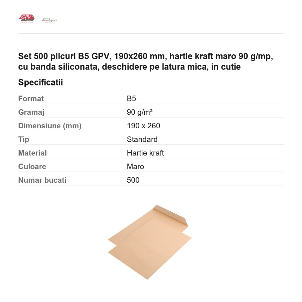 Set 500 plicuri B5 GPV, 190x260 mm, hartie kraft maro 90 g/mp, cu banda siliconata, deschidere pe latura mica, in cutie [3]