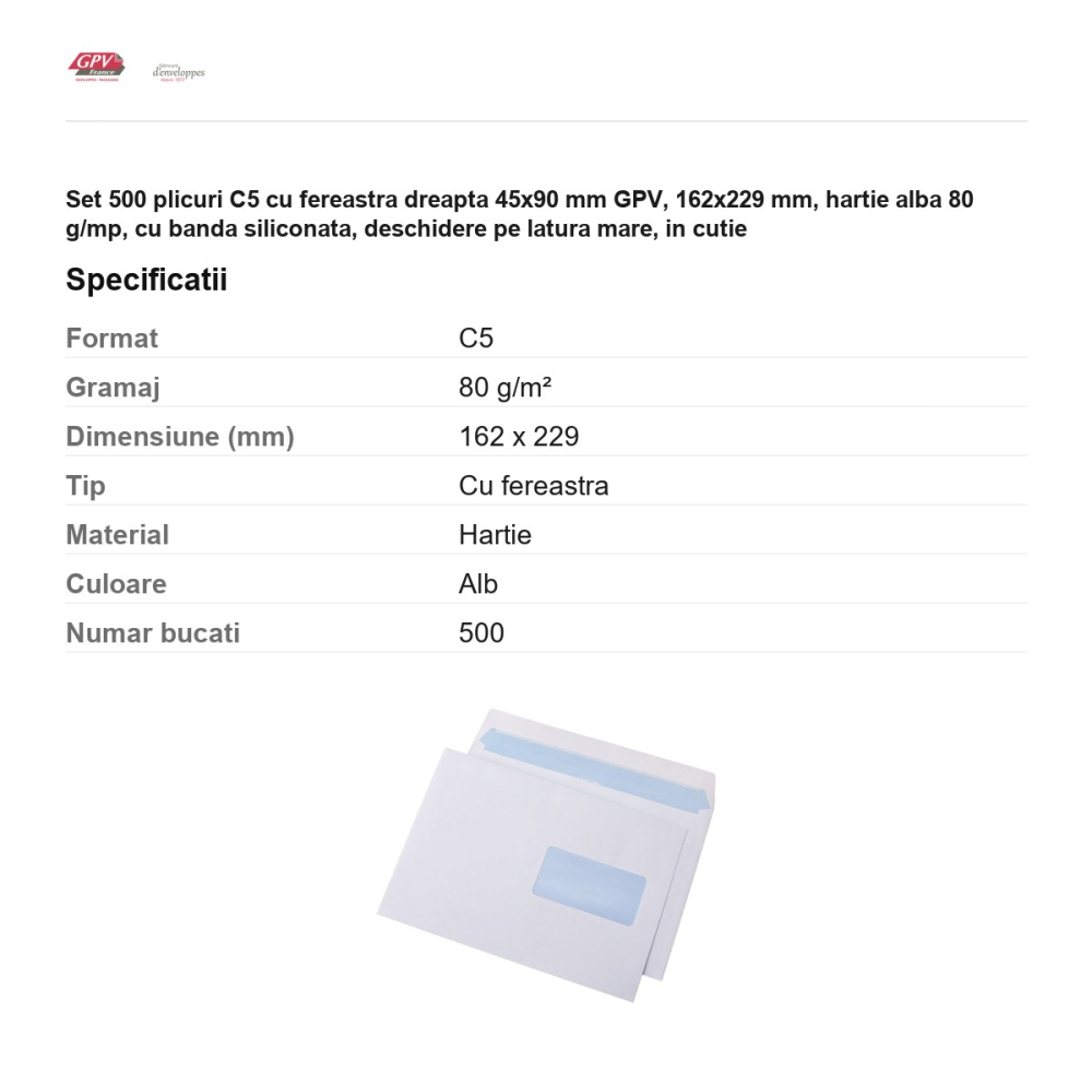 Set 500 plicuri C5 cu fereastra dreapta 45x90 mm GPV, 162x229 mm, hartie alba 80 g/mp, cu banda siliconata, deschidere pe latura mare, in cutie [3]
