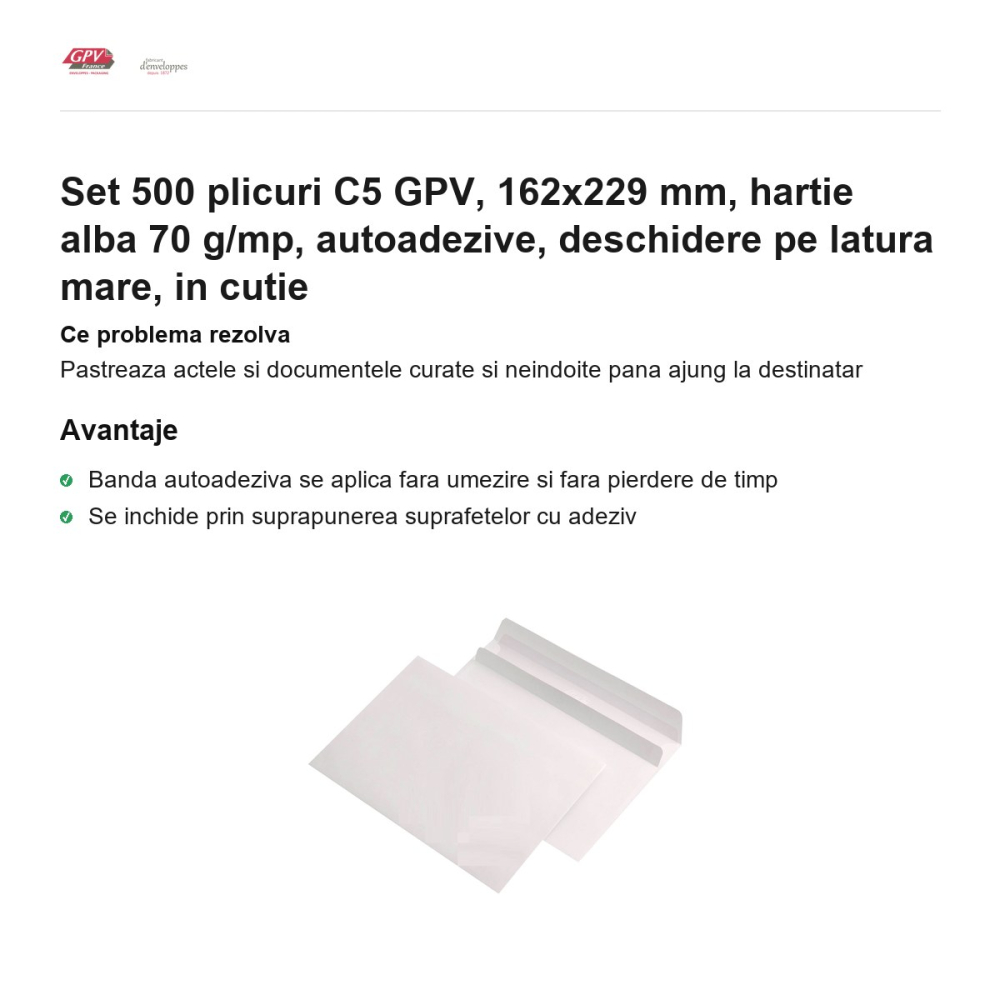 Set 500 plicuri C5 GPV, 162x229 mm, hartie alba 70 g/mp, autoadezive, deschidere pe latura mare, in cutie [2]
