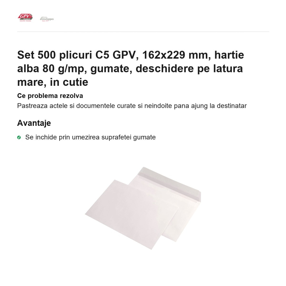 Set 500 plicuri C5 GPV, 162x229 mm, hartie alba 80 g/mp, gumate, deschidere pe latura mare, in cutie [2]