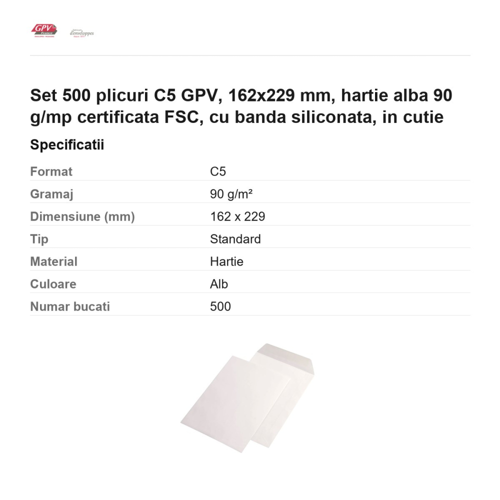 Set 500 plicuri C5 GPV, 162x229 mm, hartie alba 90 g/mp certificata FSC, cu banda siliconata, in cutie [3]