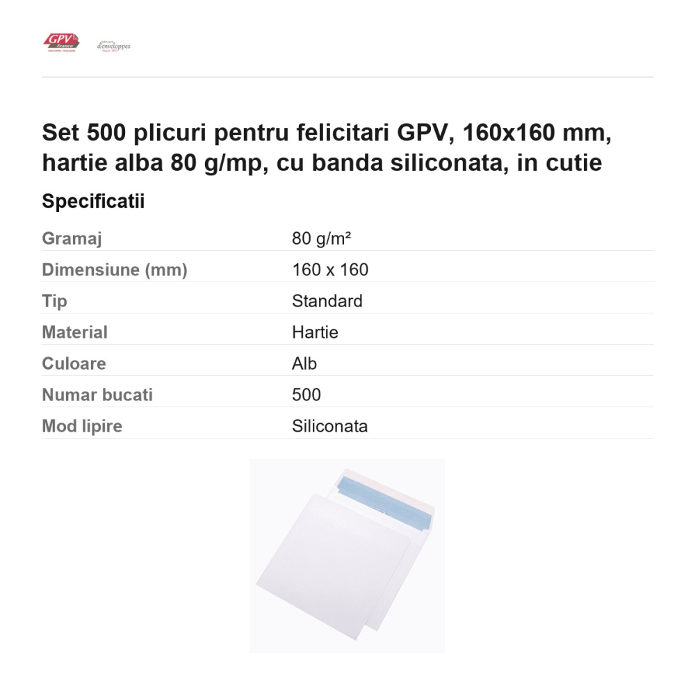 Set 500 plicuri pentru felicitari GPV, 160x160 mm, hartie alba 80 g/mp, cu banda siliconata, in cutie [3]