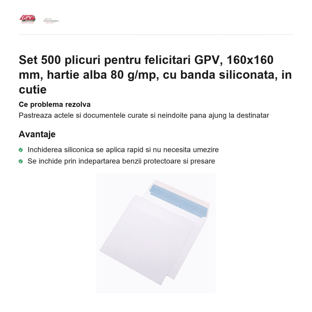 Set 500 plicuri pentru felicitari GPV, 160x160 mm, hartie alba 80 g/mp, cu banda siliconata, in cutie [2]
