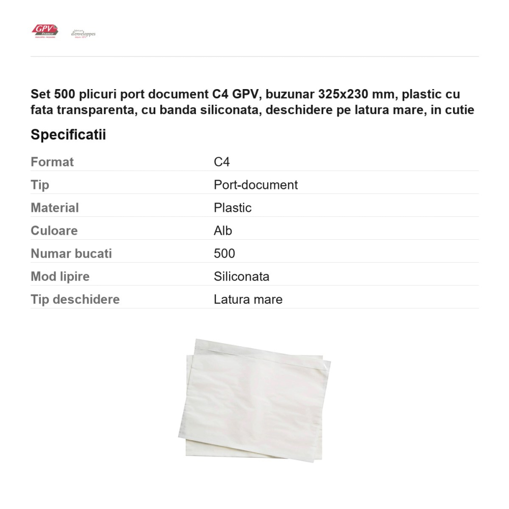 Set 500 plicuri port document C4 GPV, buzunar 325x230 mm, plastic cu fata transparenta, cu banda siliconata, deschidere pe latura mare, in cutie [3]