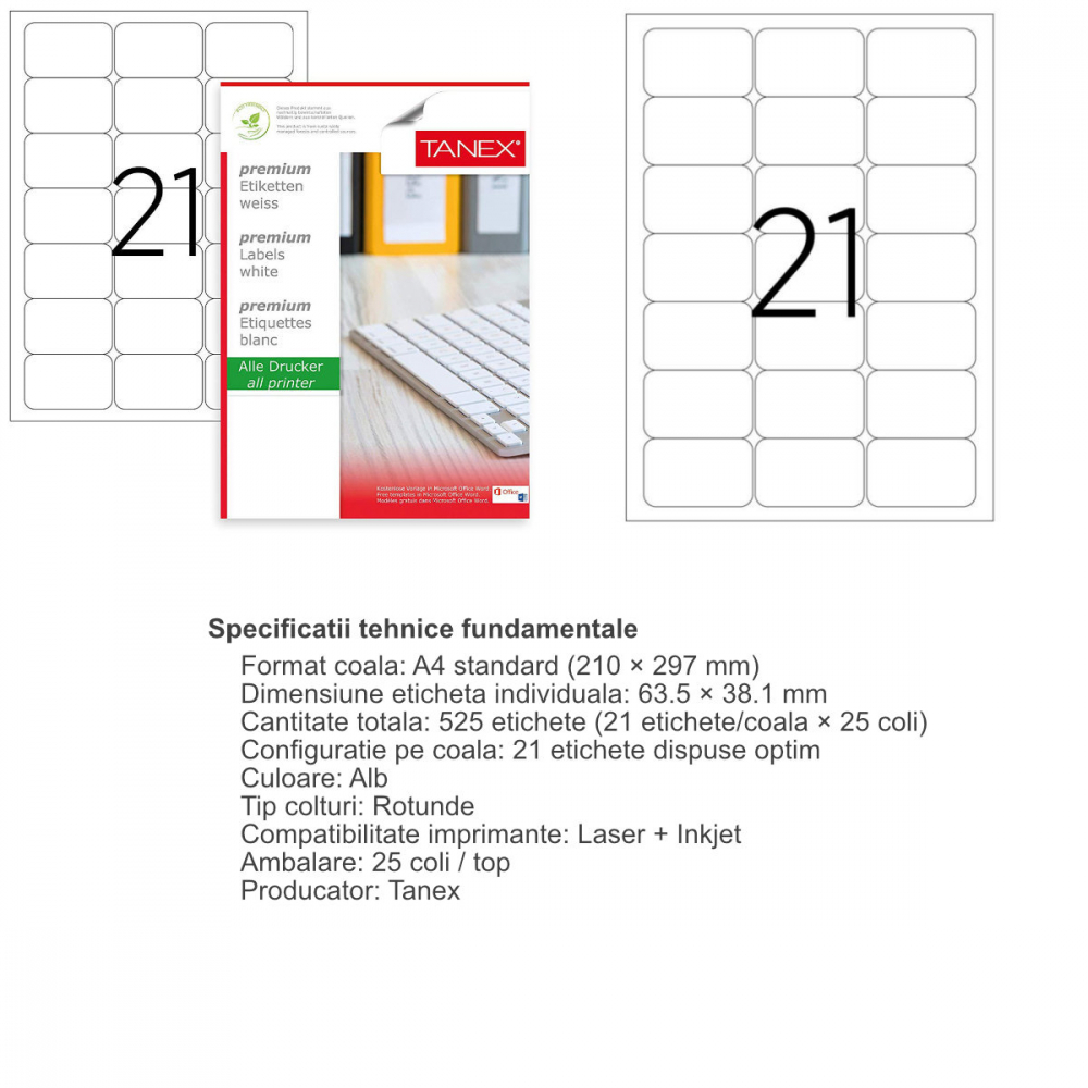 Set 525 etichete autoadezive A4, 25 coli, 21 etichete/coala, 63.5x38.1 mm, albe, colturi rotunde, pentru imprimante laser si inkjet, Tanex [3]
