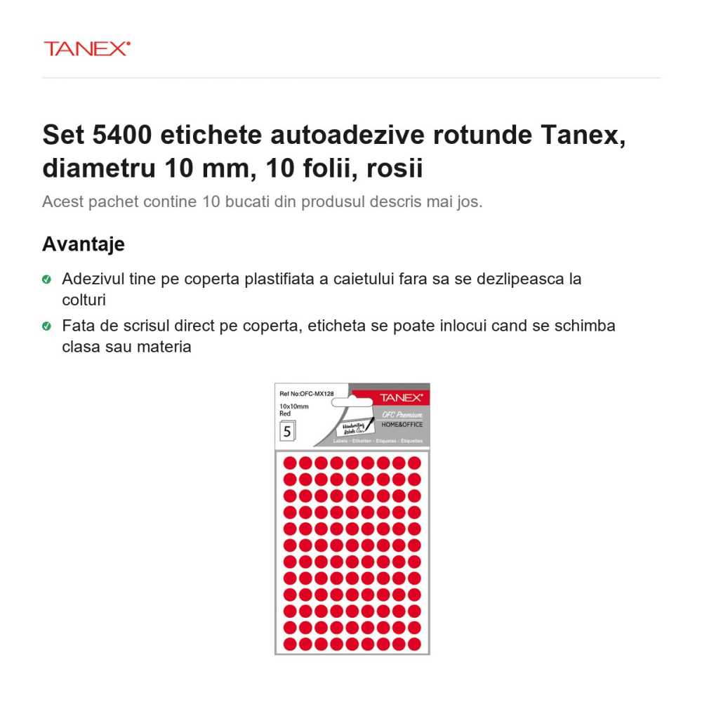 Set 5400 etichete autoadezive rotunde Tanex, diametru 10 mm, 10 seturi, rosii [2]