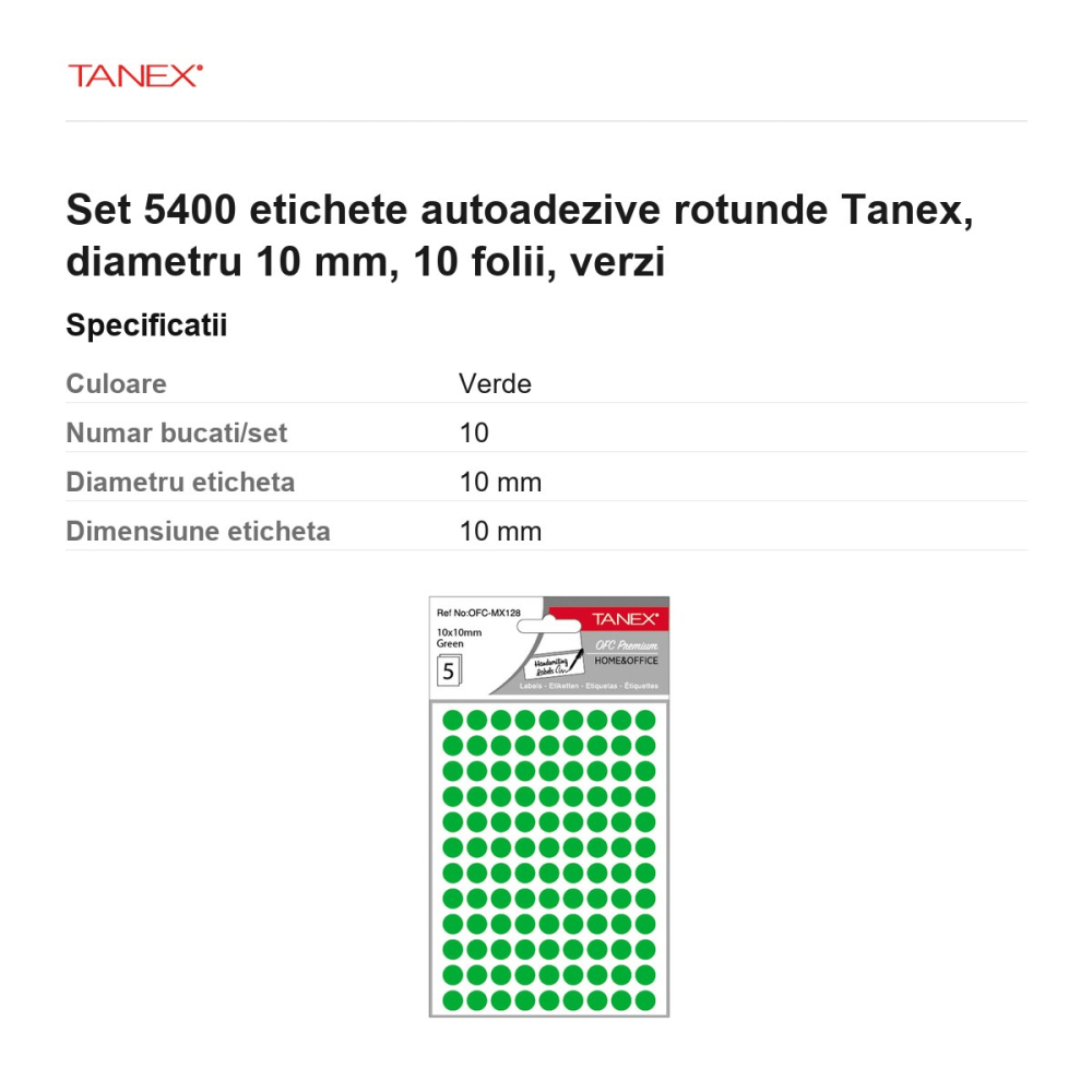 Set 5400 etichete autoadezive rotunde Tanex, diametru 10 mm, 10 seturi, verzi [3]