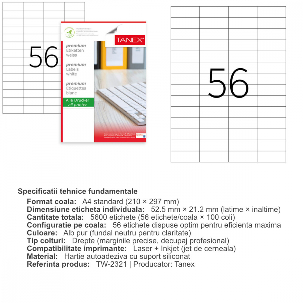Set 5600 etichete autoadezive A4, 100 coli, 56 etichete/coala, 52.5x21.2 mm, albe, colturi drepte, pentru imprimante laser si inkjet, Tanex TW-2321 [3]