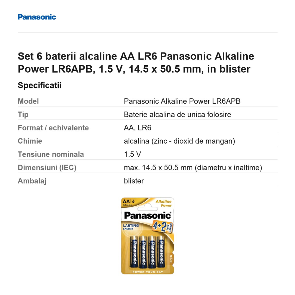 Set 6 baterii alcaline AA LR6 Panasonic Alkaline Power LR6APB, 1.5 V, 14.5 x 50.5 mm, in blister [3]