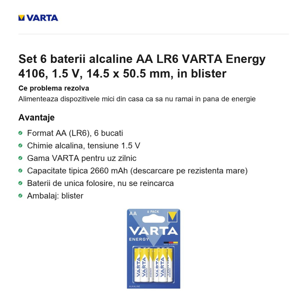 Set 6 baterii alcaline AA LR6 VARTA Energy 4106, 1.5 V, 14.5 x 50.5 mm, in blister [2]