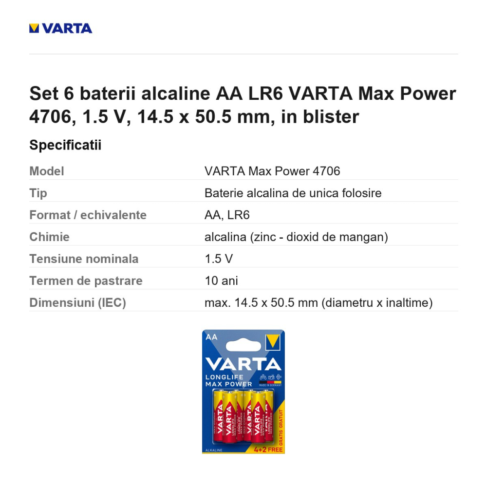 Set 6 baterii alcaline AA LR6 VARTA Max Power 4706, 1.5 V, 14.5 x 50.5 mm, in blister [3]