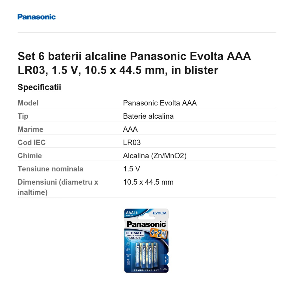 Set 6 baterii alcaline Panasonic Evolta AAA LR03, 1.5 V, 10.5 x 44.5 mm, in blister [3]