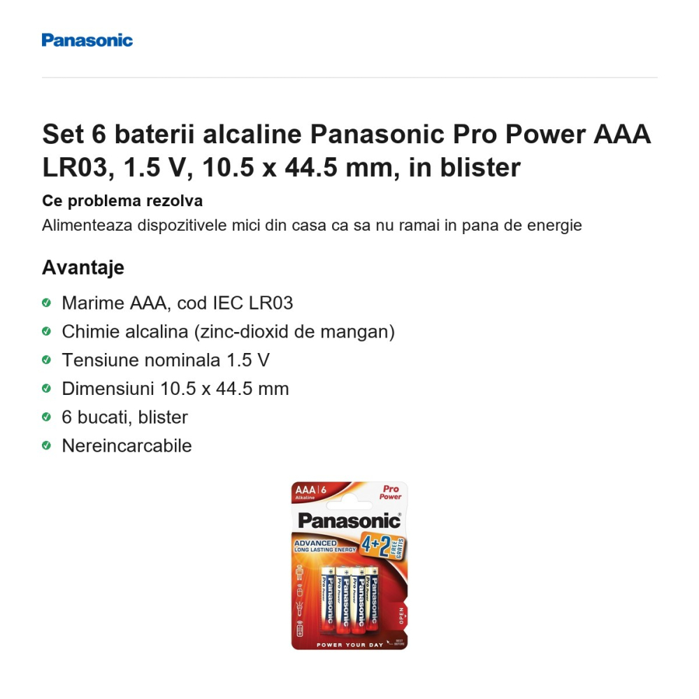 Set 6 baterii alcaline Panasonic Pro Power AAA LR03, 1.5 V, 10.5 x 44.5 mm, in blister [2]